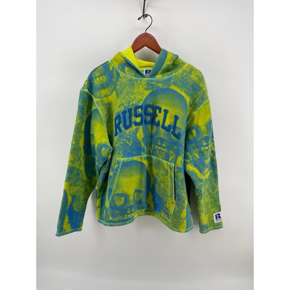 Russell Athletic Skull Hoodie Neon Green Blue Y2K Grunge Small Unisex